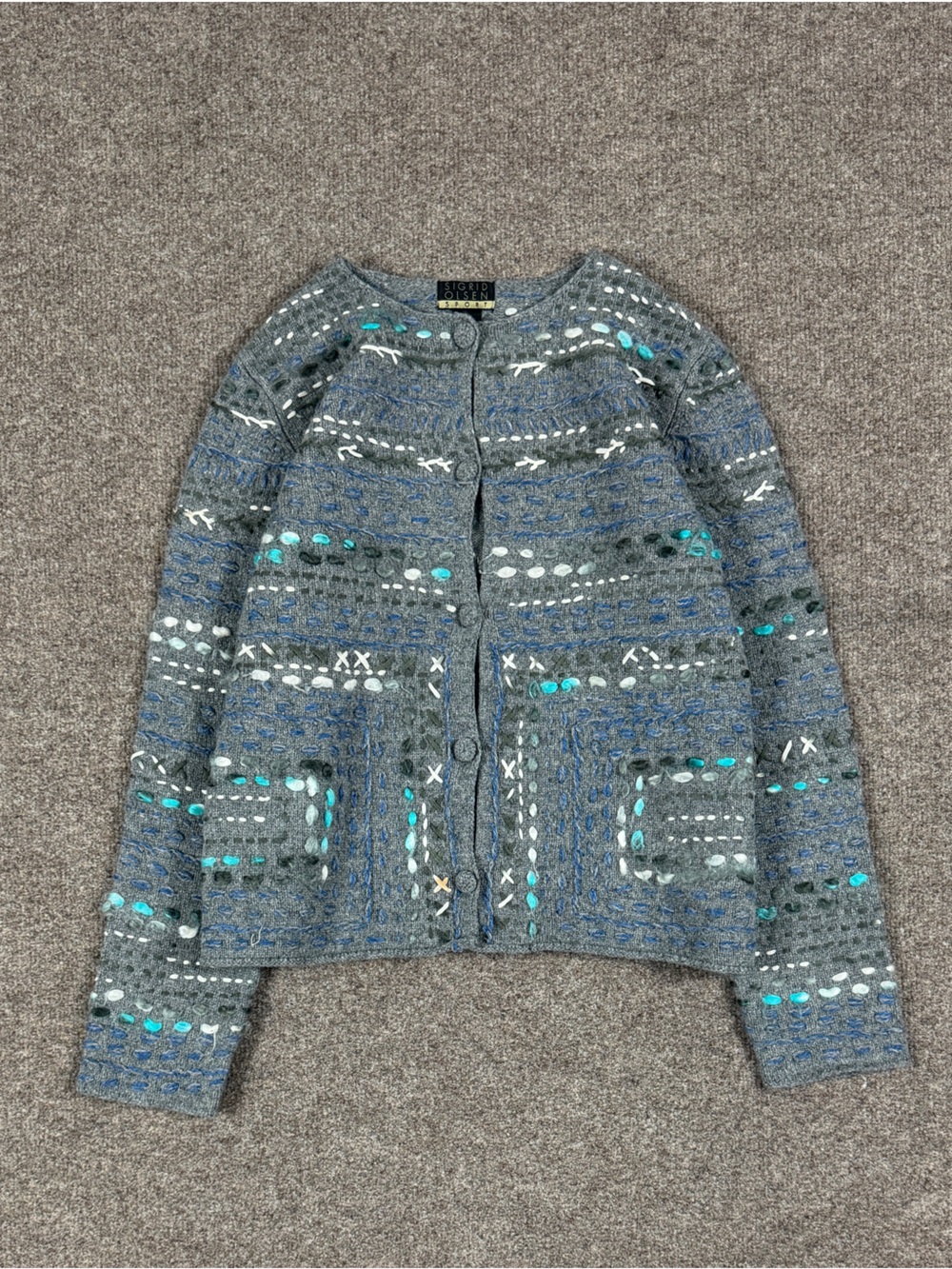 Vintage Sigrid Olsen Blue Gray Wool Embroidered Cardigan Sweater Women’s PM‎ Y2K